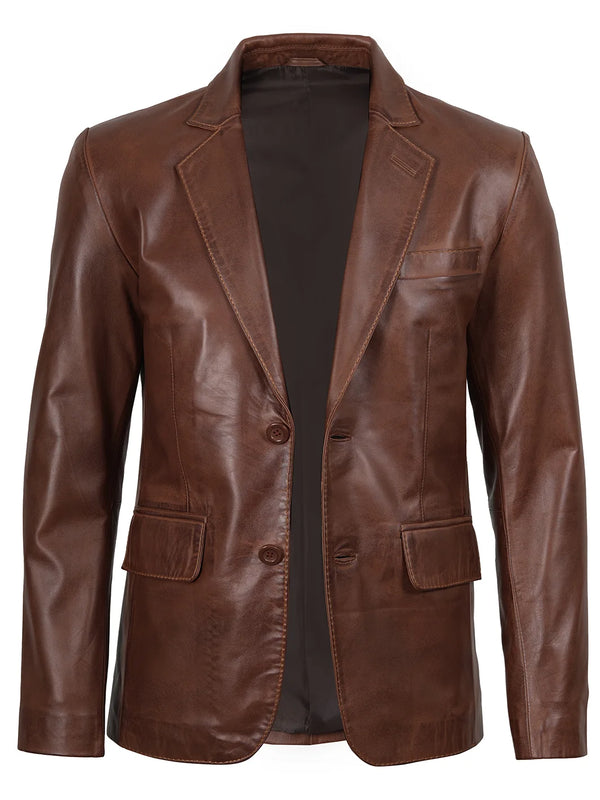 Mens Two Button Tan Brown Leather Blazer