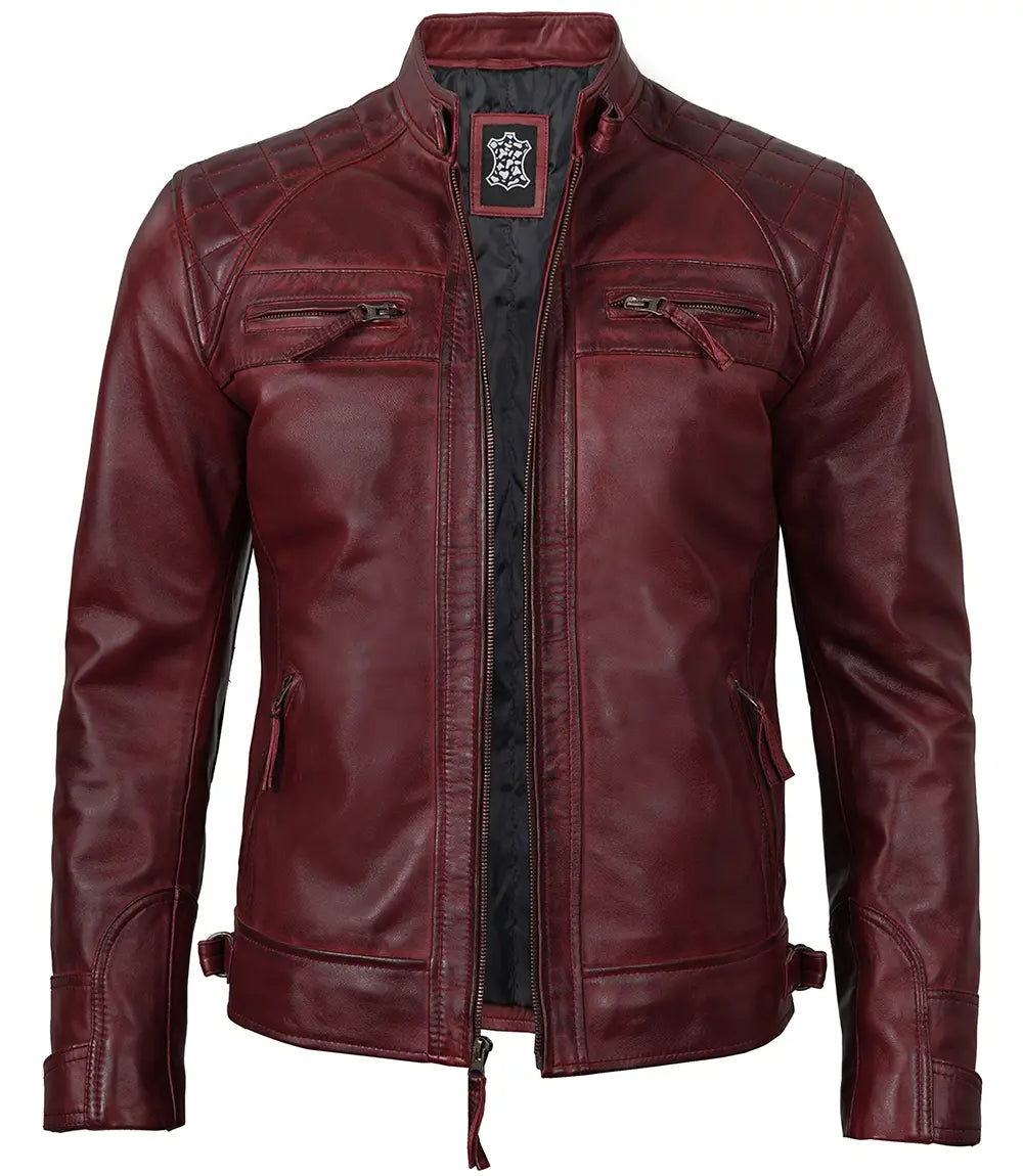 Mens maroon cafe racer leather jacket