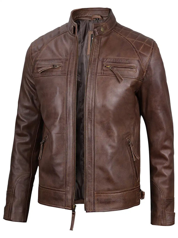 Men Chocolate Brown Cafe Racer Real Leather Jacket Decrum