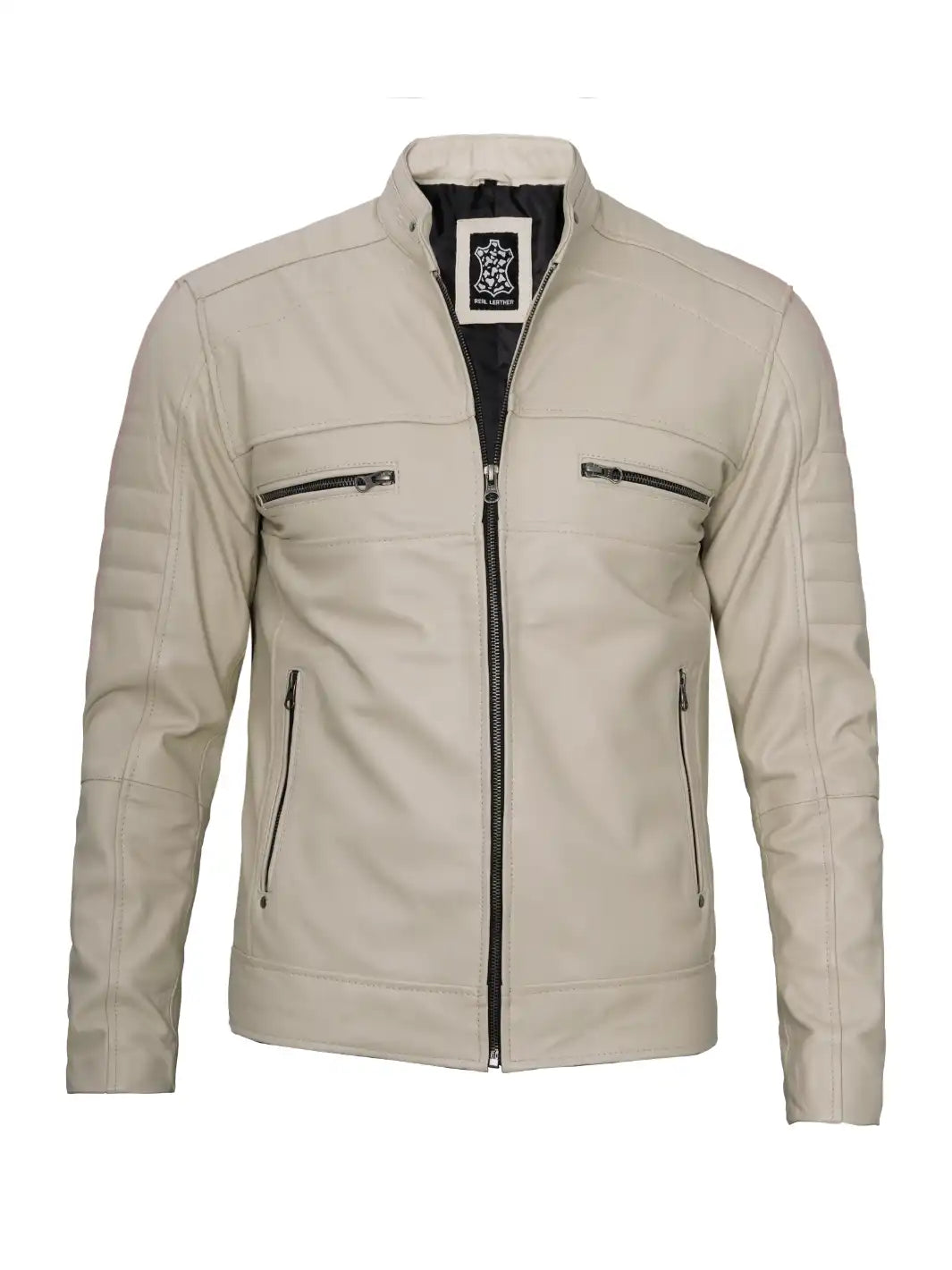 Beige cafe racer leather jacket