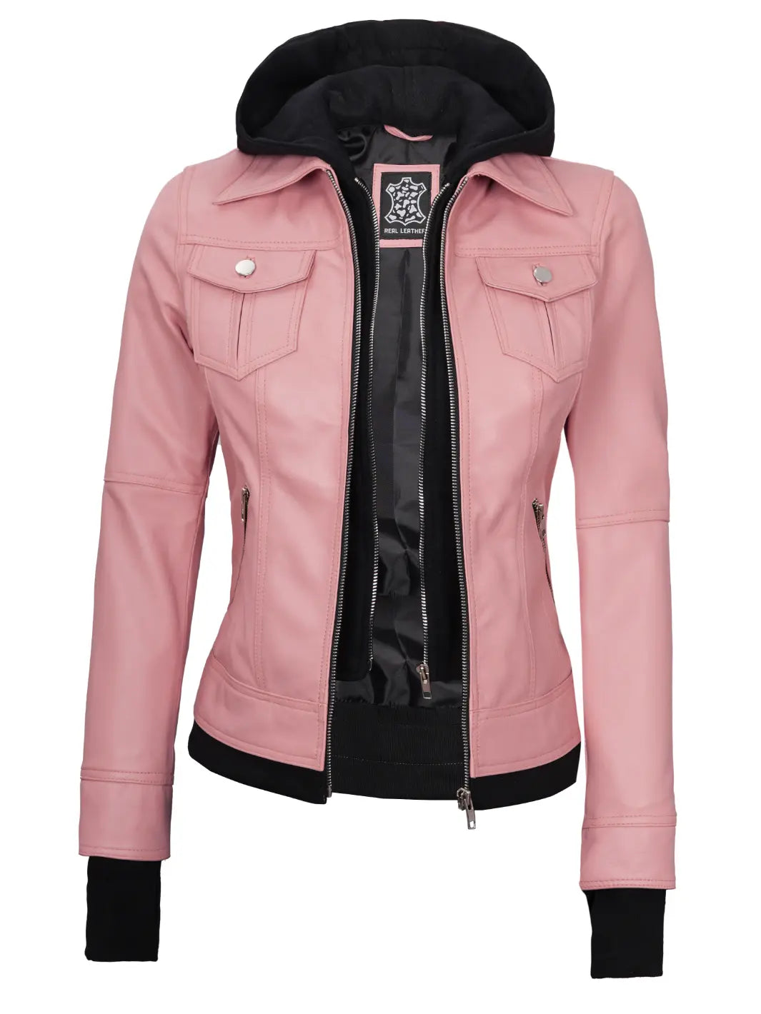 Pink Hooded Leather Motorcycle Jacket