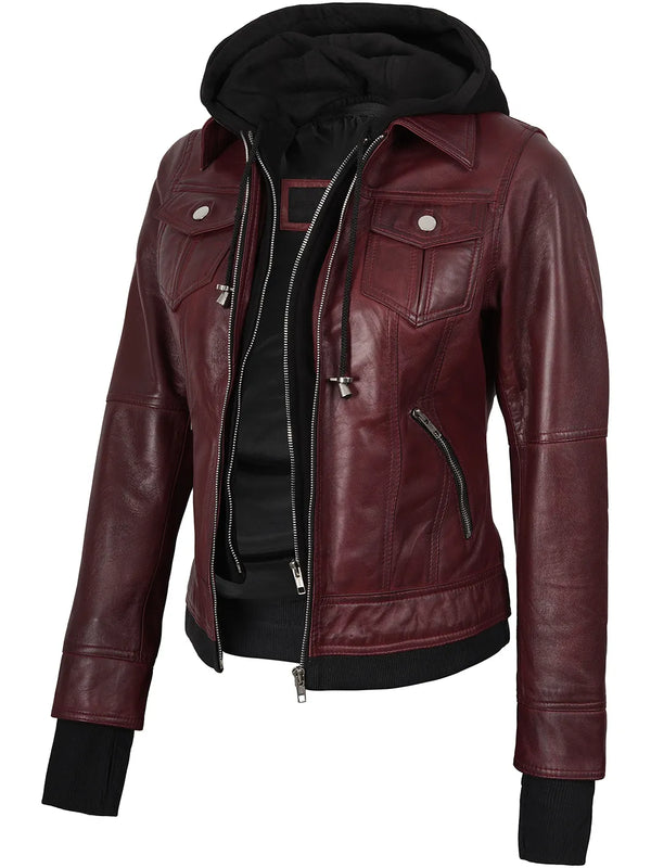 Veste bomber Tralee en cuir bordeaux pour femme