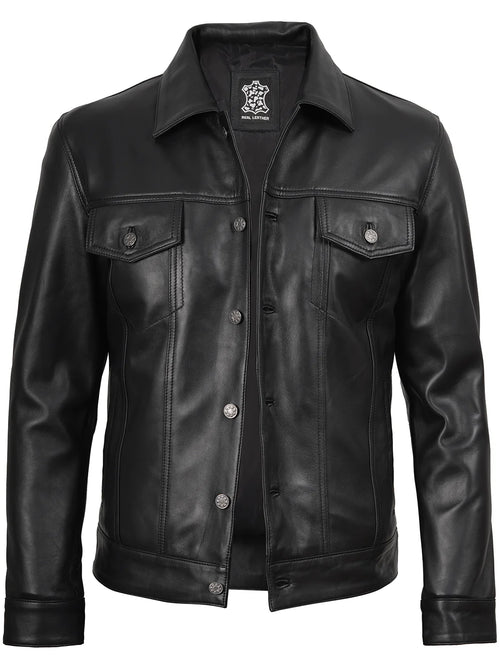 Trucker Leather Jacket Mens Black 