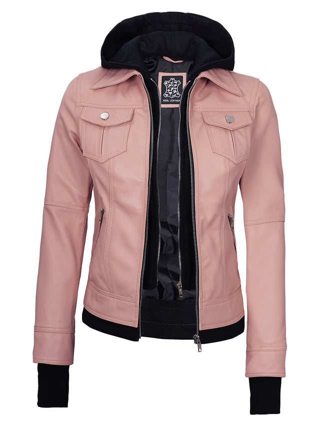Bomber-skinnjacka med avtagbar huva rosa (Femme)