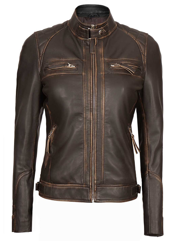 Diamond Women Rub Off Brown Leather Jacket