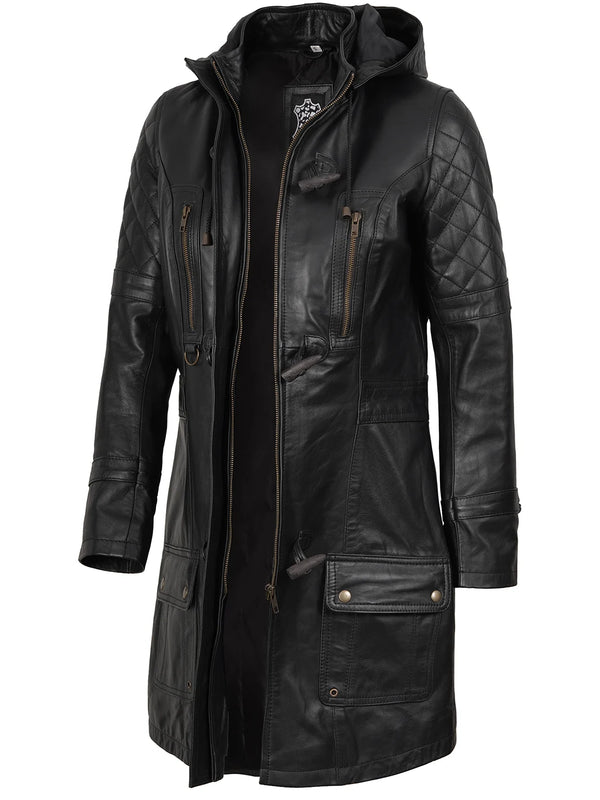 Women's Quilted Leather Coat with Hood