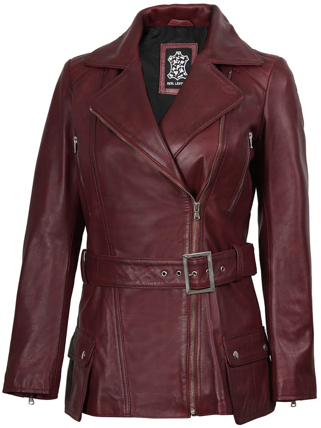 Women's burgundy asymmetrical biker style real leather jacket