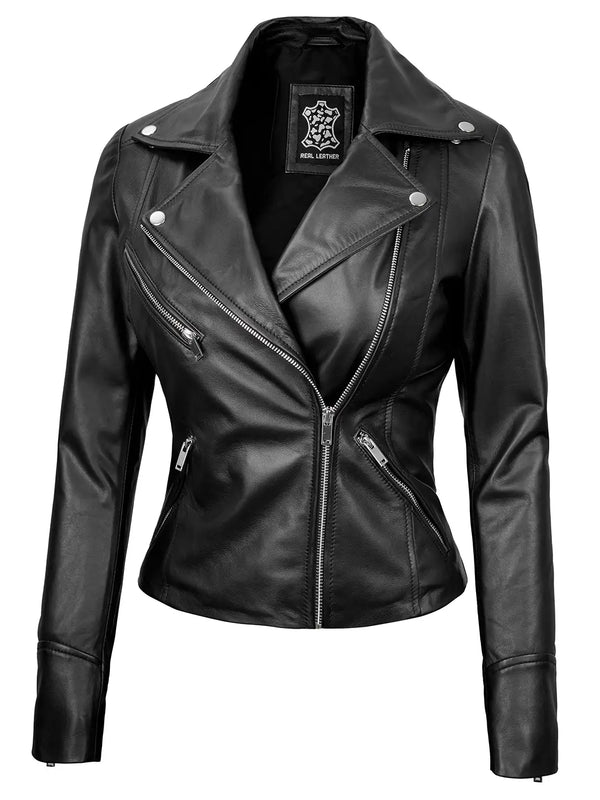 Women black biker leather jacket