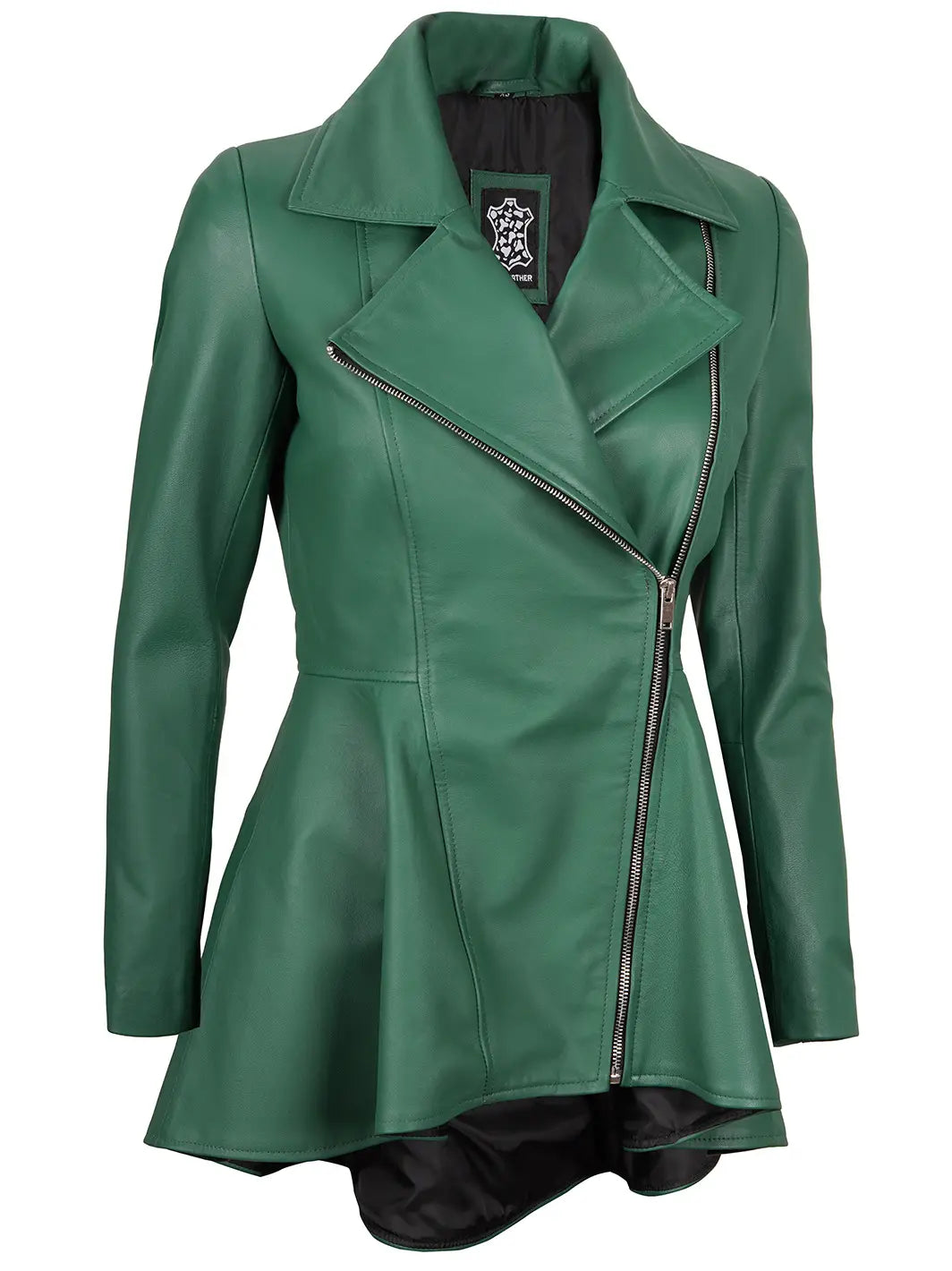 Women green peplum leather jacket