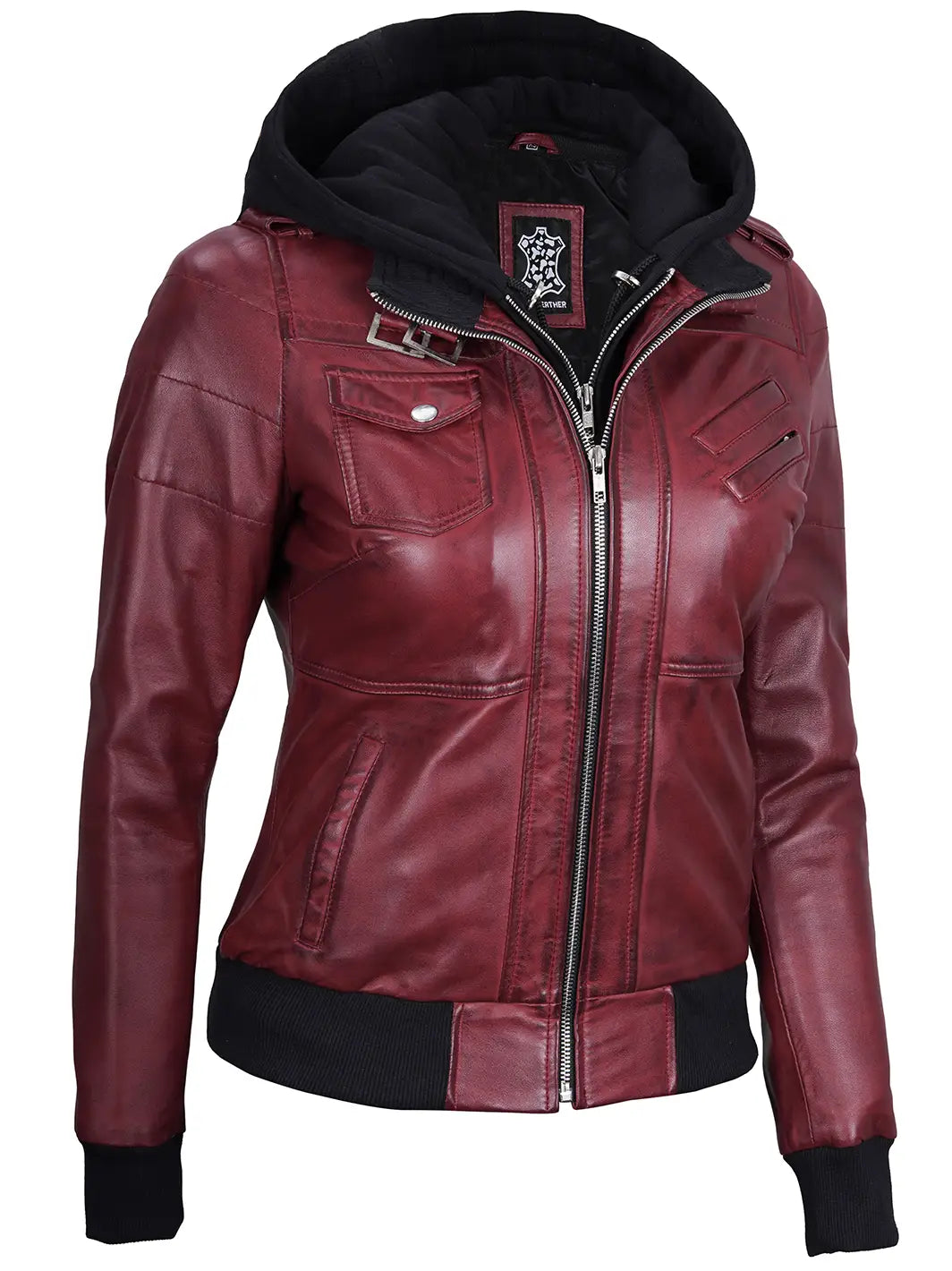 Women maroon bomber leather jacket