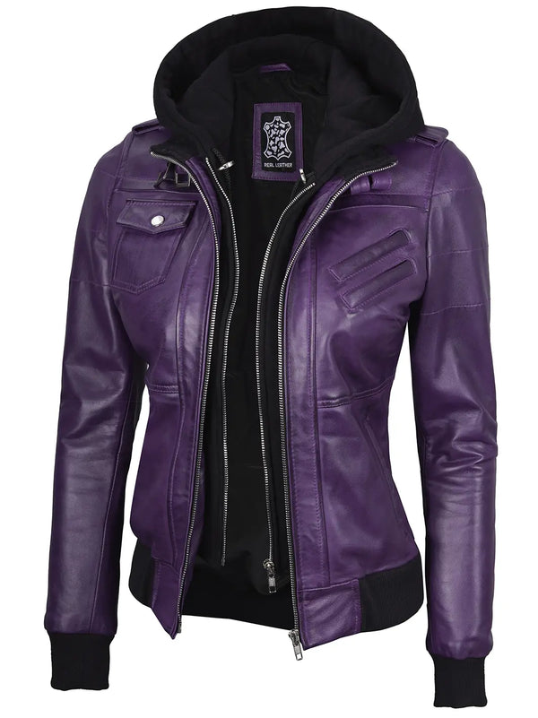 Women purple hooded leather jacket