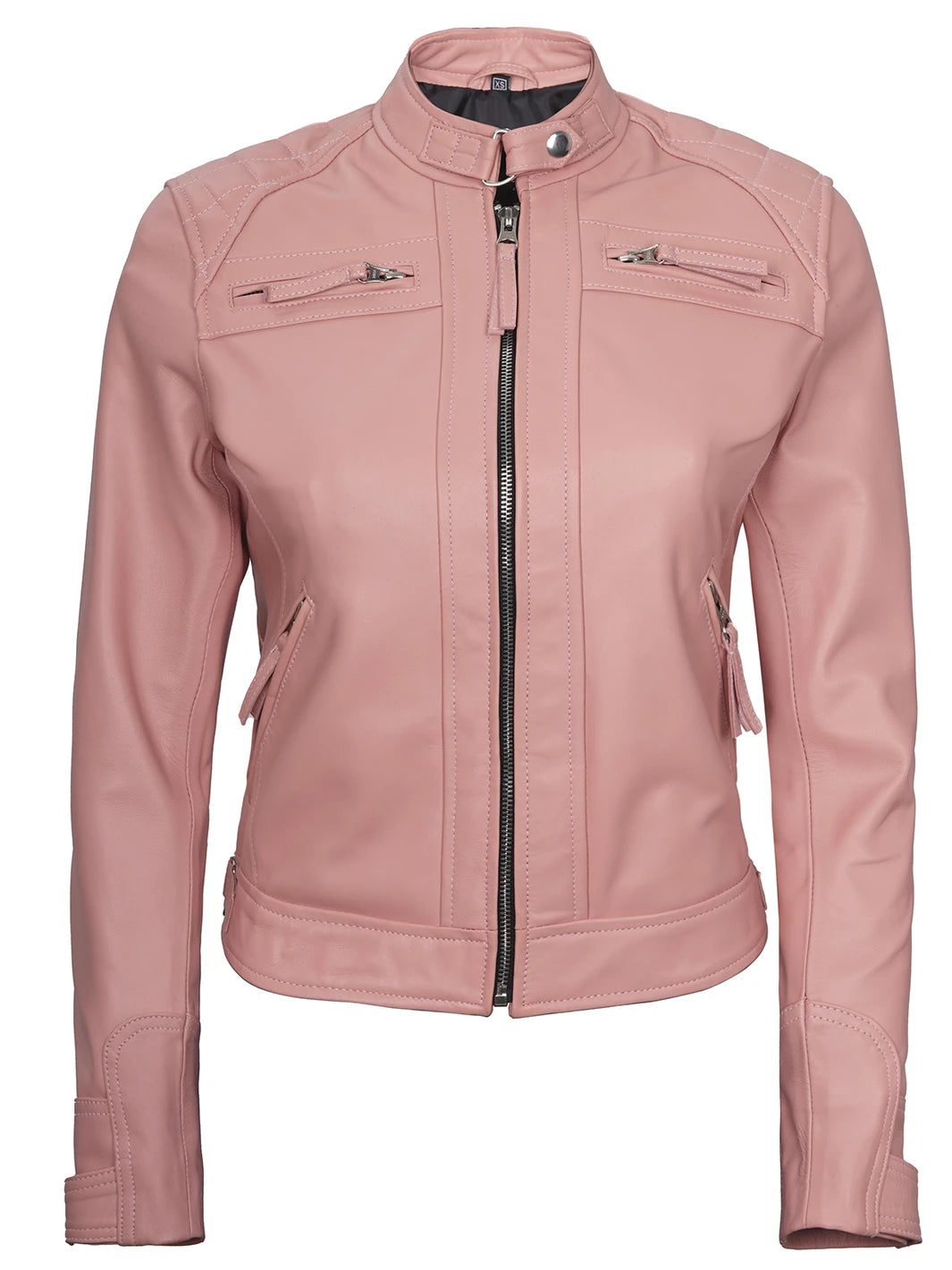 Women's pink quilted biker jacket made from real lambskin leather, front view with the zipper closed, highlighting the sleek and tailored fit.