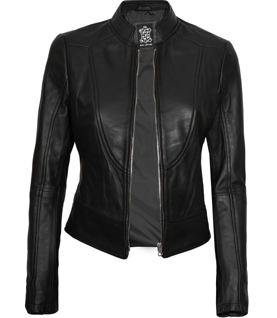 Amy Womens Black Cafe Racer Leather Jacket - Decrum