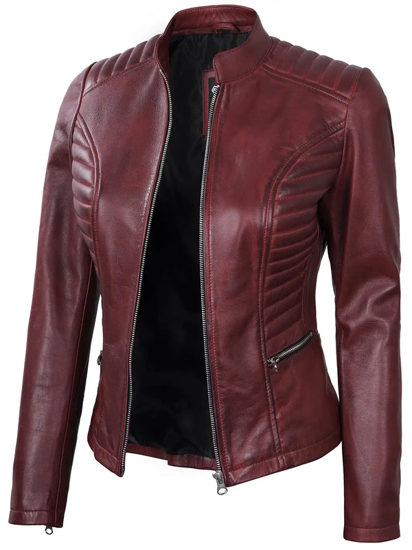 Womens Maroon Cafe Racer Leather Jacket