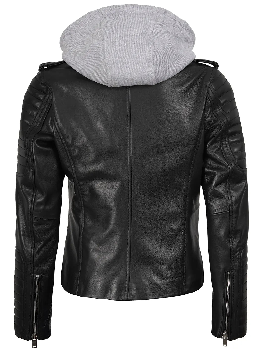 Womens Black Leather Biker Jacket With Removable Hood