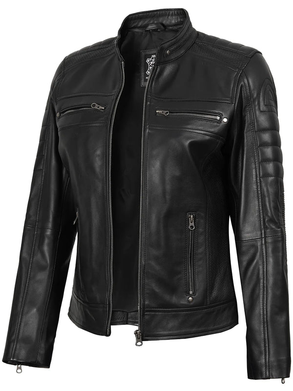 Womens Black Cafe Racer Real Leather Jacket