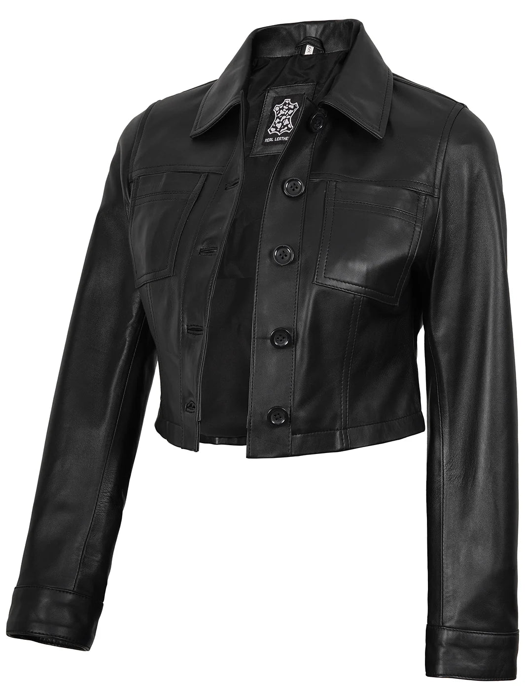 Black Cropped Shirt Collar Leather Jacket Womens