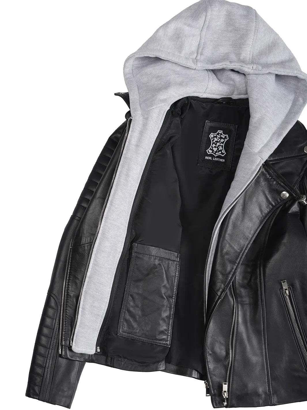 Womens Black Hooded Leather Jacket Features