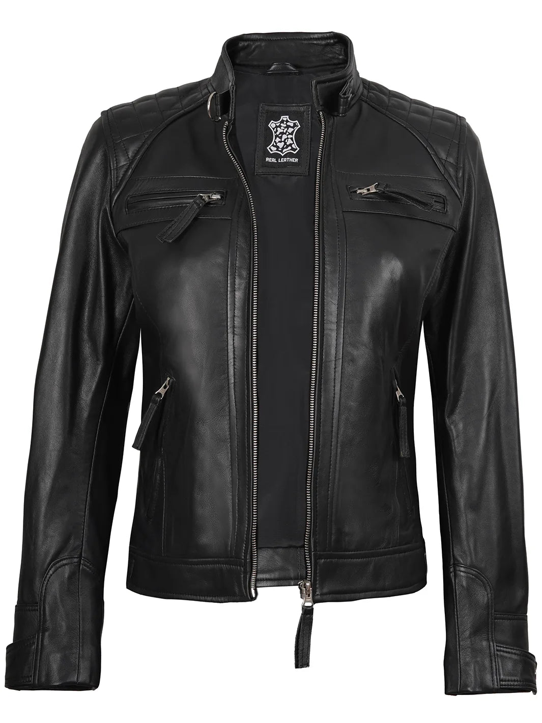 Womens Black Leather Jacket Biker 
