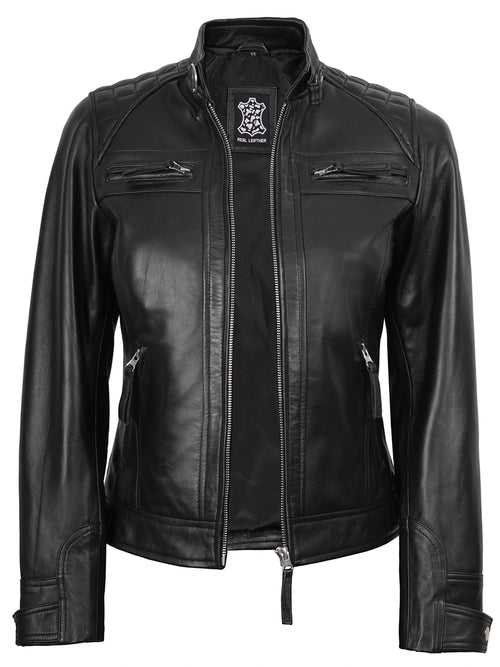 Womens Black Quilted Biker Style Leather Jacket