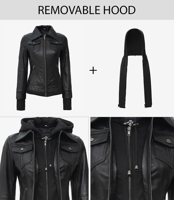 Real Leather Womens Black Bomber Jacket with Removable Hood – Decrum