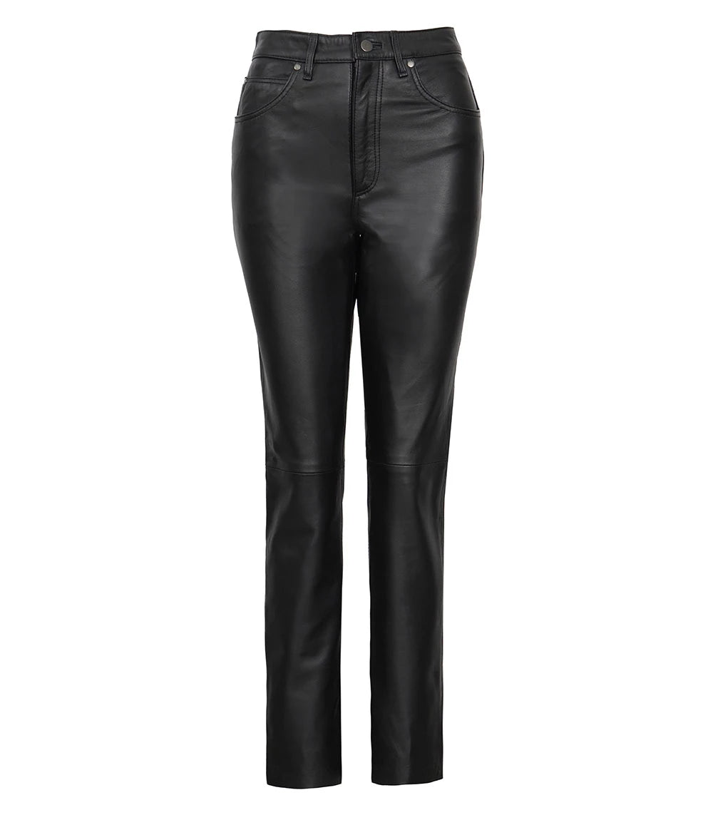 Women's Black High-Waisted Straight-Leg Leather Pants