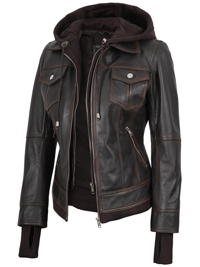 Real Leather Womens Black Bomber Jacket with Removable Hood – Decrum