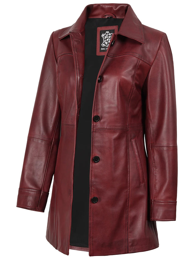 Women's Kandis burgundy 3/4 length leather car coat