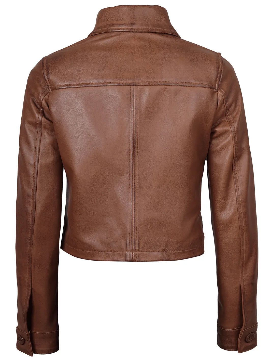 Womens Cognac Brown Cropped Shirt Collar Leather Jacket