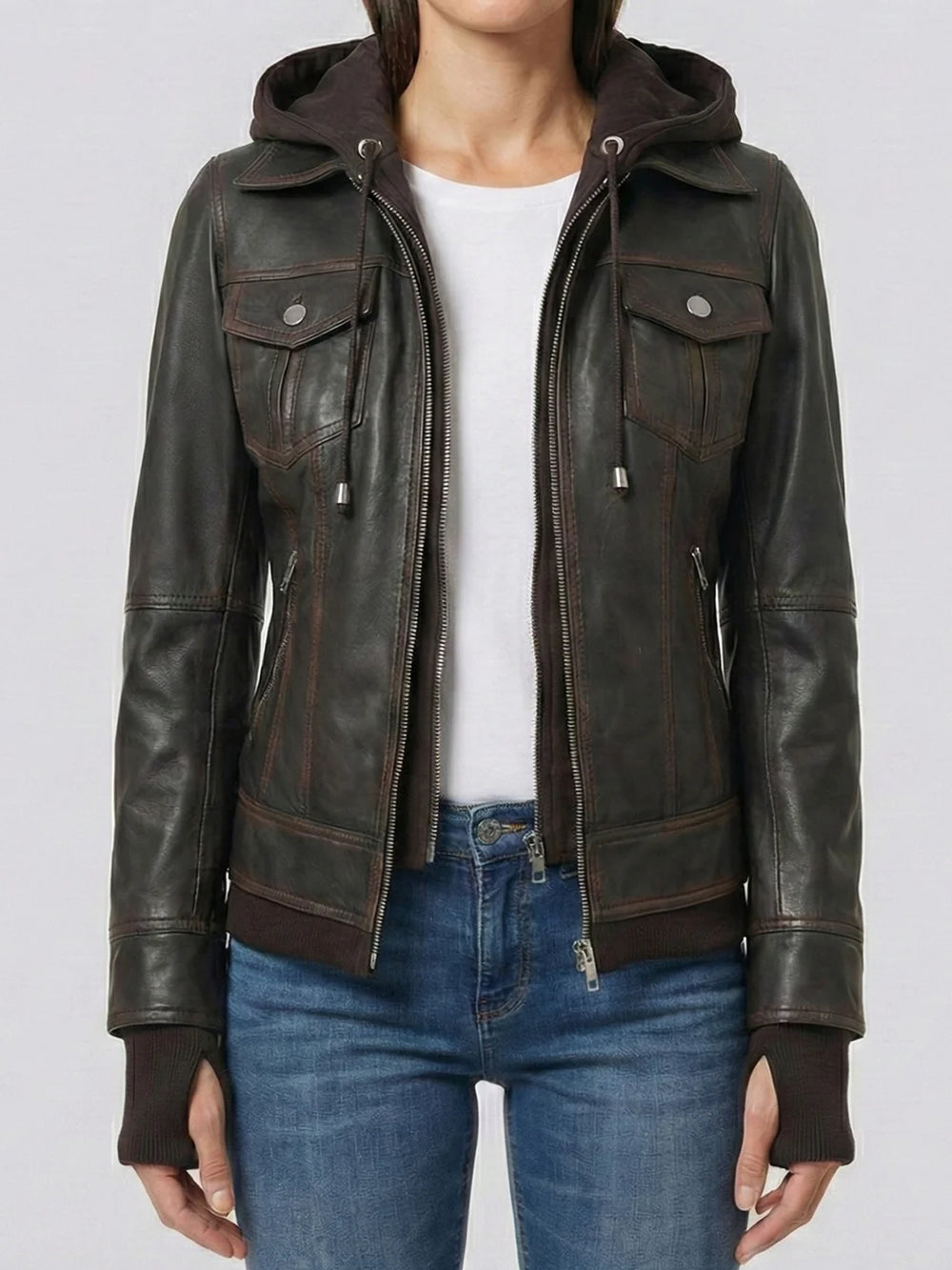 Womens Dark Brown Bomber Leather Jacket With Removable Hoods