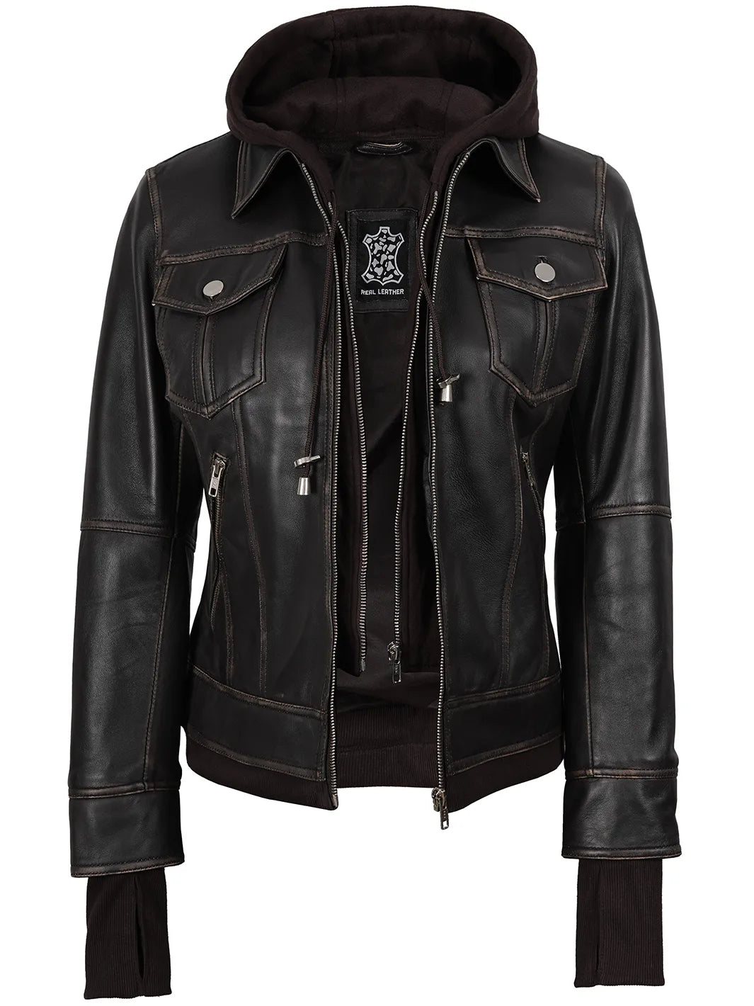 Womens Dark Brown Removable Hood Leather Jacket