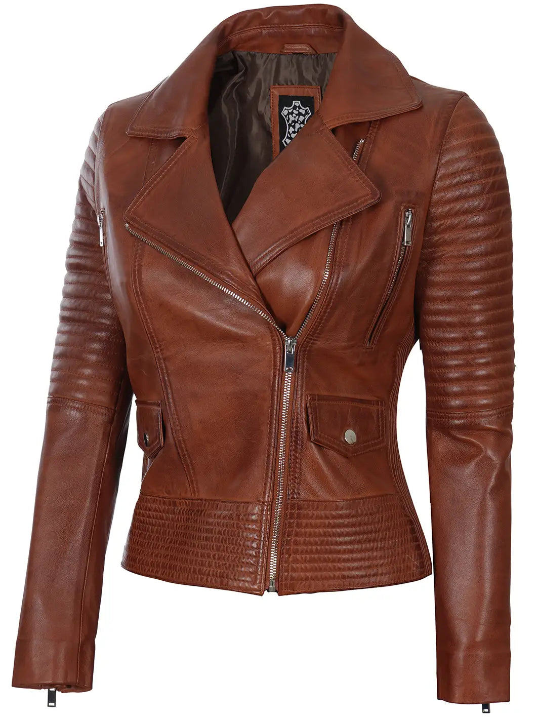 Gal gadot Womens Asymmetrical Cognac Wax Motorcycle Leather Jacket Decrum