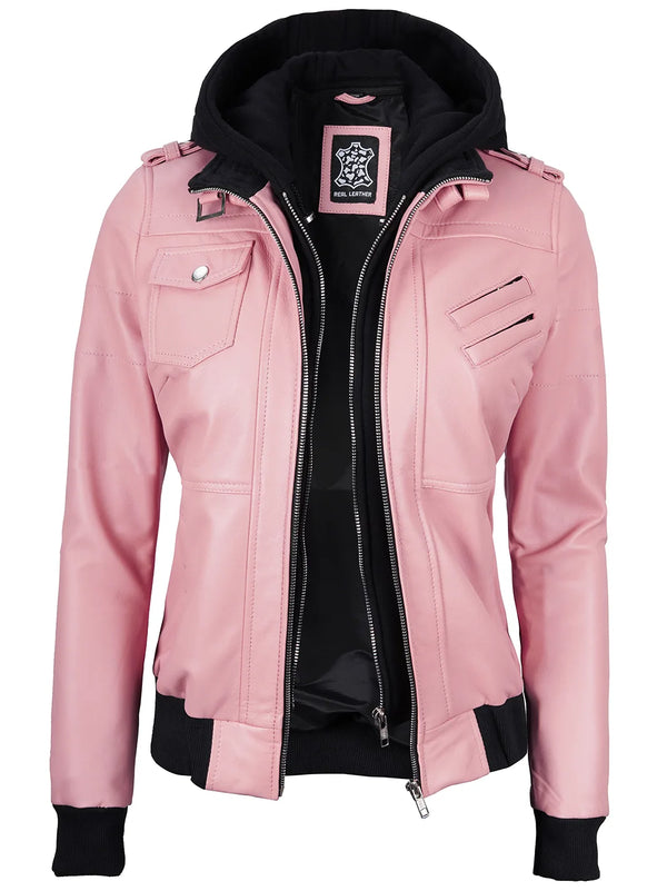 Edinburgh Women's Bomber Jacket with Hood Pink Color