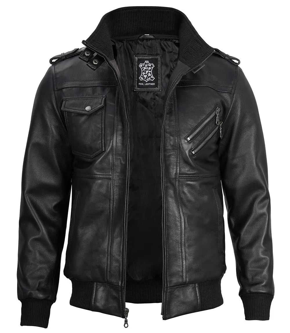 black bomber leather jacket mens