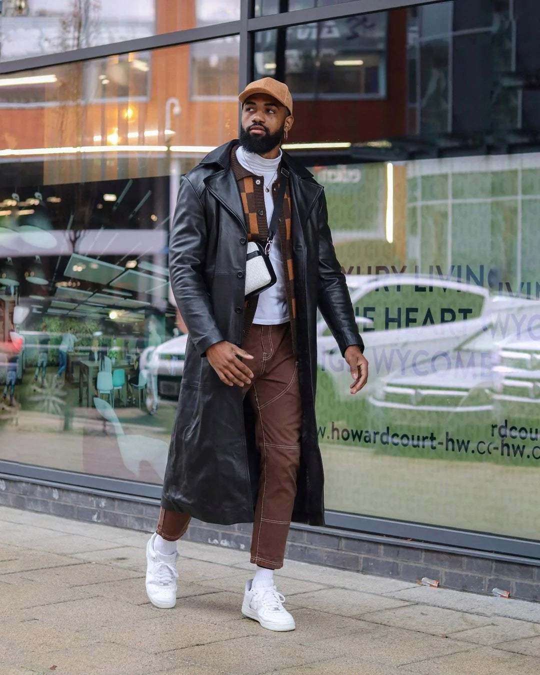 Black real leather car coat worn for winter