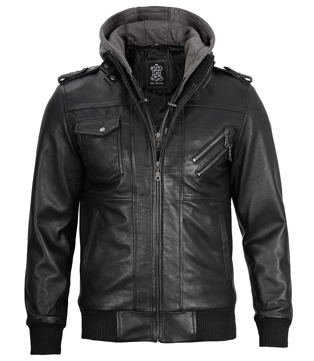 black leather hooded jacket