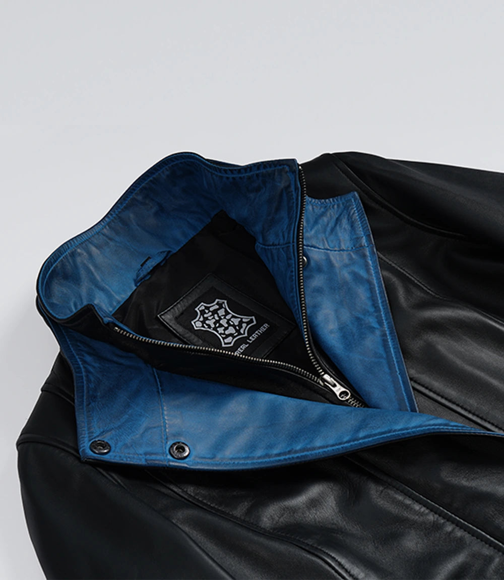 Erin Women's Black Leather Jacket with Blue Inner Lapel – Decrum