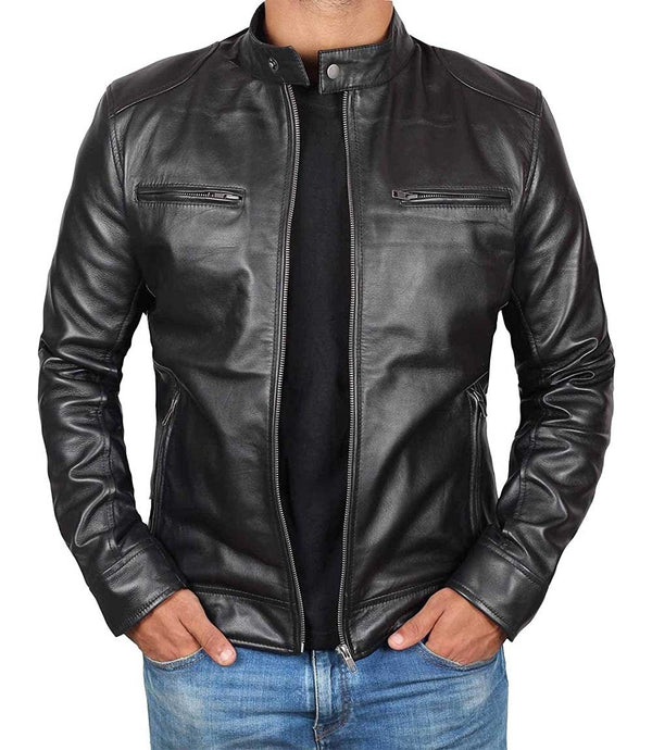 Mens Black Cafe Racer Leather Jacket