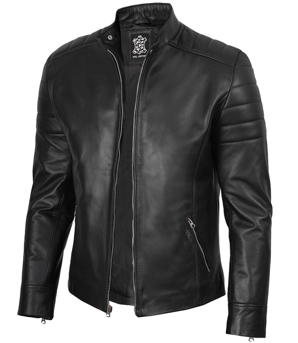 Black leather jacket with a brand logo on a white background