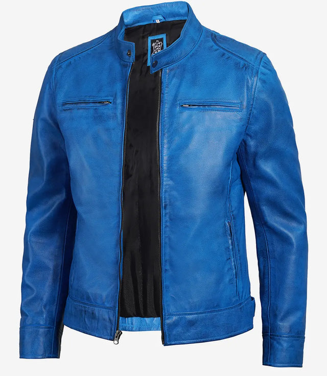 Men's distressed blue leather cafe racer jacket