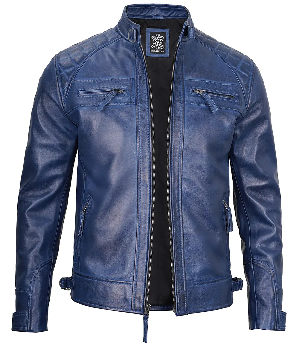 mens blue cafe racer leather jacket