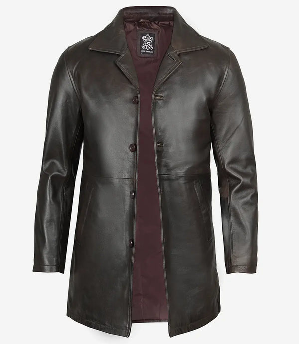 Manteau en cuir marron foncé vieilli pour homme de grande taille