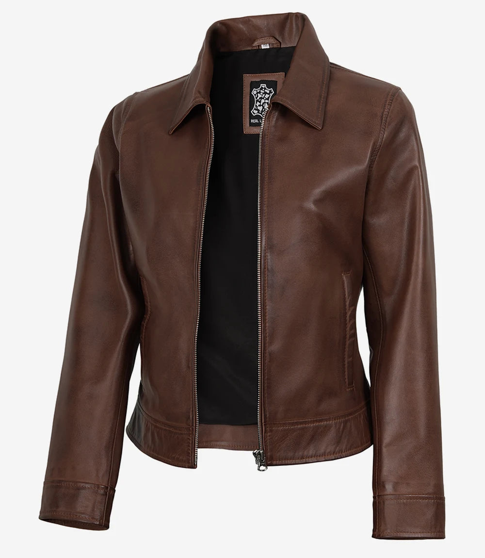Women's Cognac Wax Harrington Leather Jacket - Front