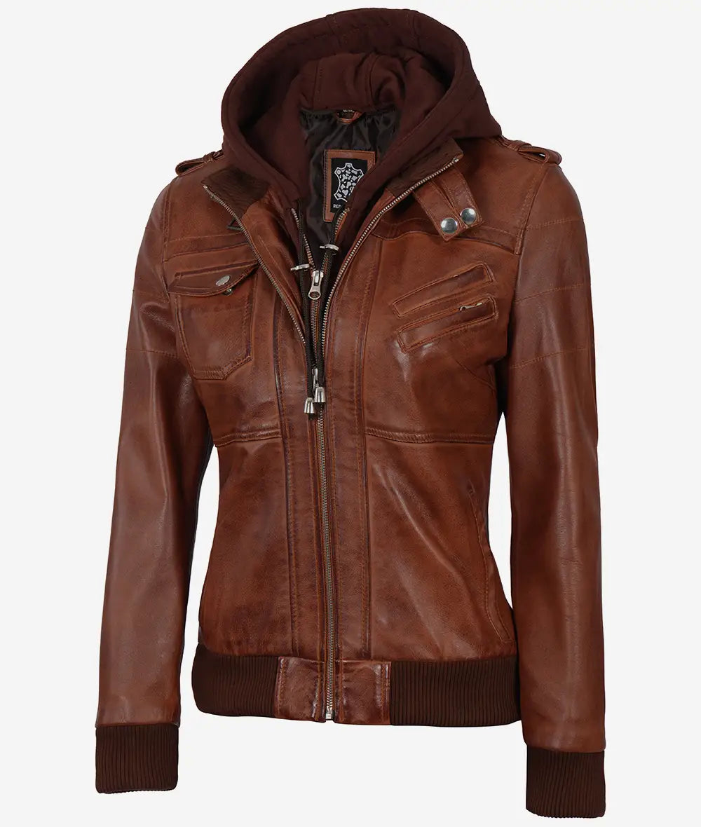 Hooded leather jacket womens