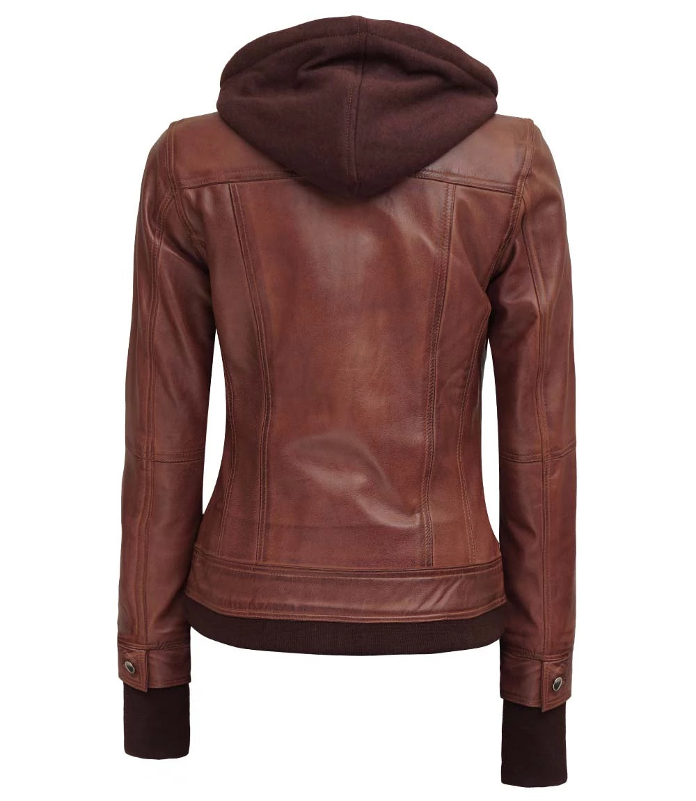 dark brown leather jacket with hood