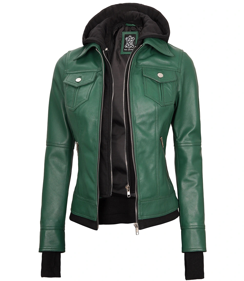 green hooded leather jacket womens