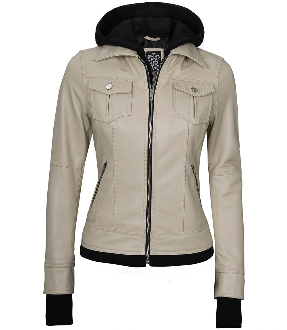 hooded beige leather jacket women