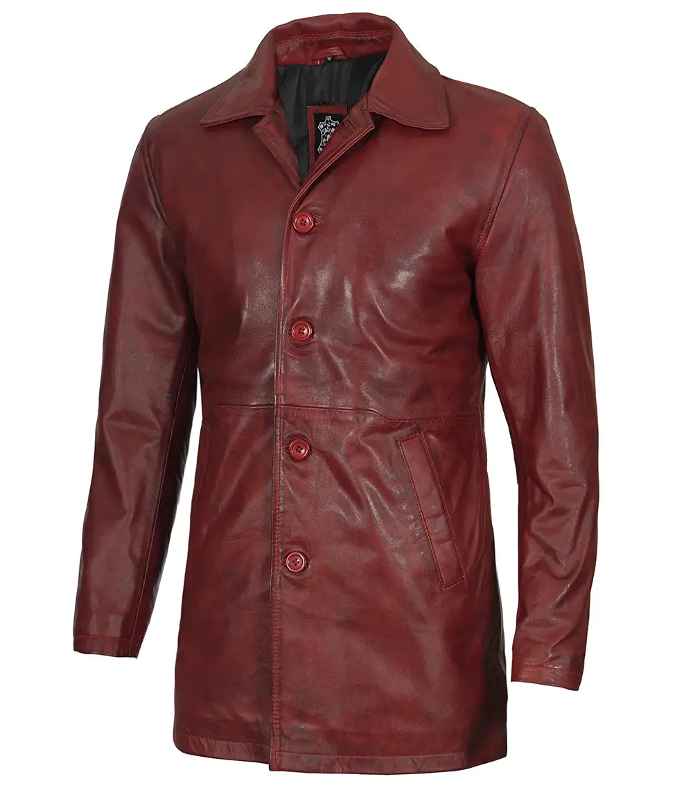 leather maroon coat for men