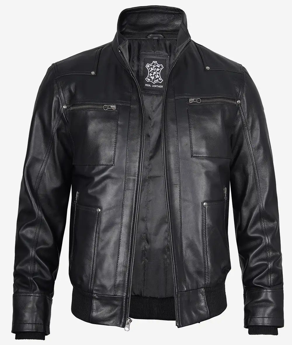 men black leather bomber jacket with hooded