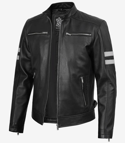 Men's Black Lambskin Cafe Racer Jacket with White Stripes
